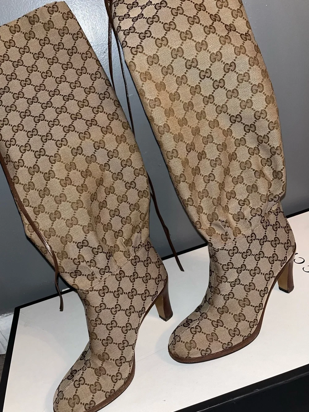 Gucci Original GG Canvas Over-the-Knee Boots Brown Trim Tie Detail